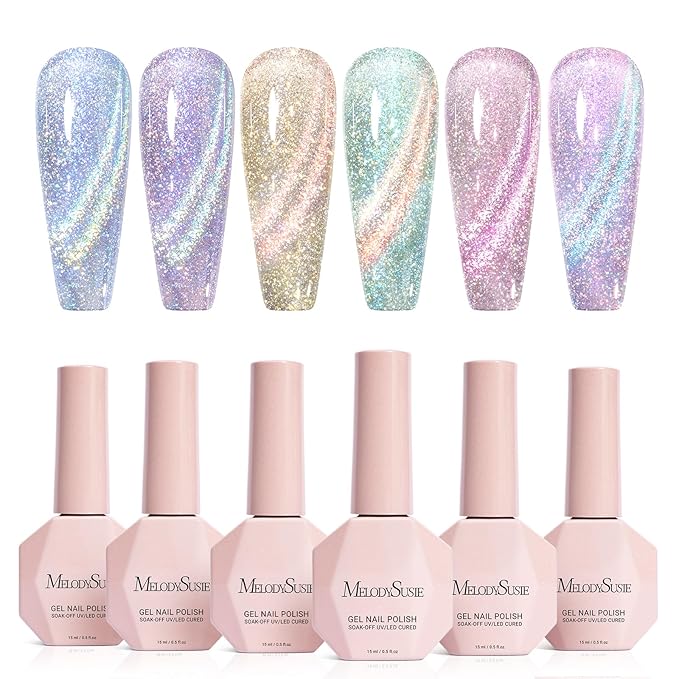 MelodySusie Glitter Cat Eye Gel Nail Polish Set 6 PCS, 15ml 0.5 Fl Oz Holographic Magnetic Nail Polish with Magnet, UV Nail Polish for Nail Art Manicure Salon DIY at Home