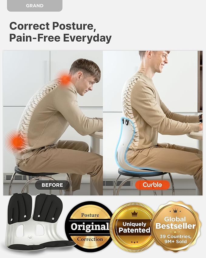 Curble GRAND(Extra Wide & Sturdy) – Ergonomic Chair Back Support, Lumbar Support for Good Posture Correction and Back Pain Relief, Perfect for Office Chair, Floor Seat, Work from Home, Patented(Black)
