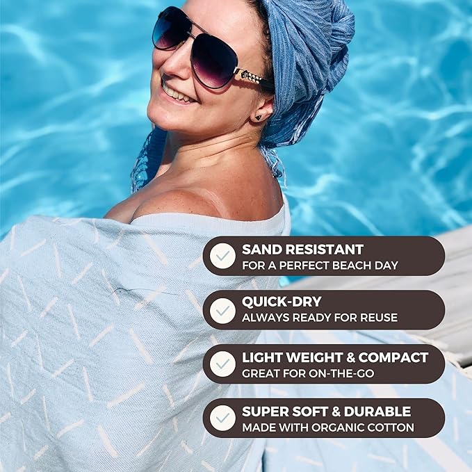 FESHKA Sand Free Turkish Beach Towel (37 x 67) Quick Dry Bath Towel All ages, Oversized Beach Blanket, Lightweight for Travel - Made with 100% Organic Turkish Cotton - Mavi (Baby Blue)