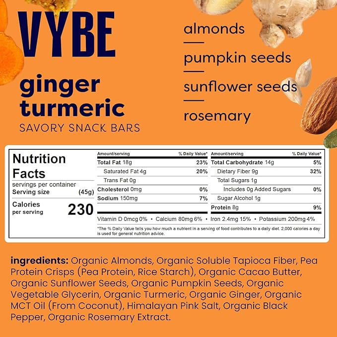Vybe Snacks Savory Nutrition Bars Turmeric Ginger Flavor | Plant Based Vegan, Zero Added Sugar, Gluten Free, Keto Friendly, No Artificial Ingredients, Organic, 8-9 gm Protein & Gut Friendly Fiber Crunchy & Delicious (Box of 12, 45g each)