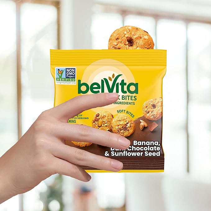 belVita Energy Snack Bites Variety Pack, Banana Dark Chocolate & Sunflower Seed, Blueberry & Sunflower Seed, 15 Snack Packs