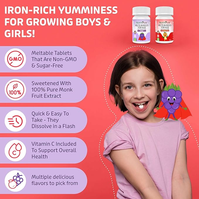 Kids Chewable Iron Supplement, Ferronyl® Carbonyl Iron 9 mg, Vitamin C 30 mg, Grape Flavor, 90 Tablets (2 Bottles)