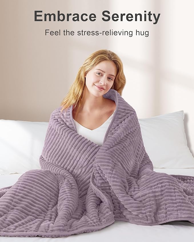 Sherpa Fleece Adult Weighted Blanket 20lbs with Ribbed Stripes, Dual Sided Fuzzy Warm Blanket for Couch Bed Sofa, Heavy Thick Blankets with Ceramic Beads Great for Sleep, Light Purple, 60" x 80"