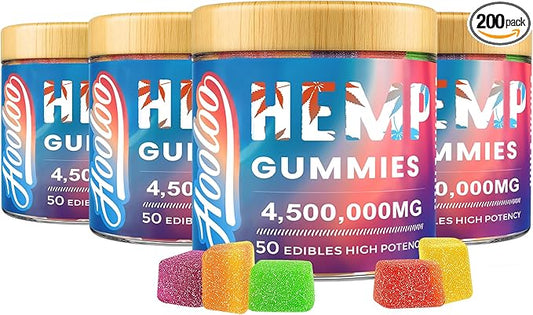 HOOLOO Hemp Gummies Extra Strength for Adults - 6 Fruity Flavors Infused Vitamins, Omega 3, Chewable Gummy for Deep Bedtimes, Focus, Unwind, Pack of 4, Made in USA