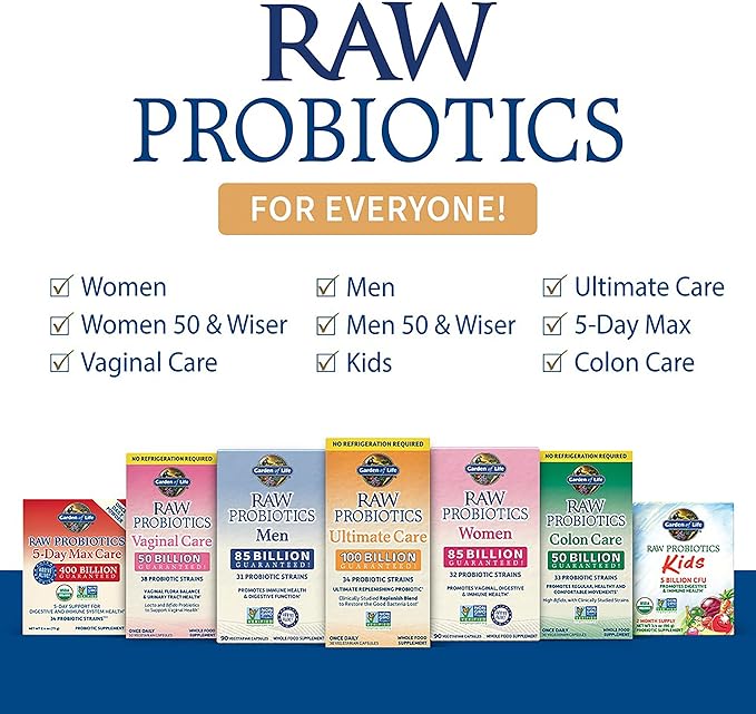 Garden of Life Probiotics for Women and Men Raw Probiotics Ultimate Care 100 Billion CFU Probiotic Supplement, Daily Probiotic for Adults with Digestive Enzymes, 30 Capsules