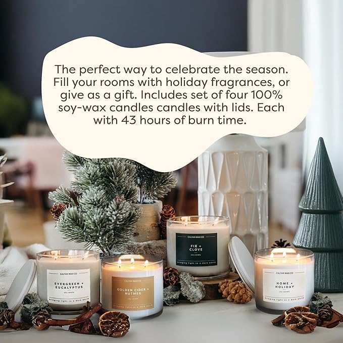 Calyan Wax Co. Holiday Scented Candle Set, Holiday Bundle of 4 Scented Candles, Bulk 3 Wick Candles, Non Toxic & Vegan Soy Wax, Candle Gift Set, 43 Hour Burn Time, 14.9oz Each