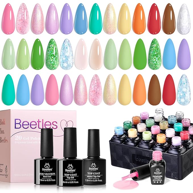 beetles Gel Nail Polish Set 20 Colors Pastel Gel Polish with Glossy&Matte Top Coat Base Coat, Pink Purple Blue Green White Trendy Color Glitter Uv Embrace Nature Gift for Women & Girls
