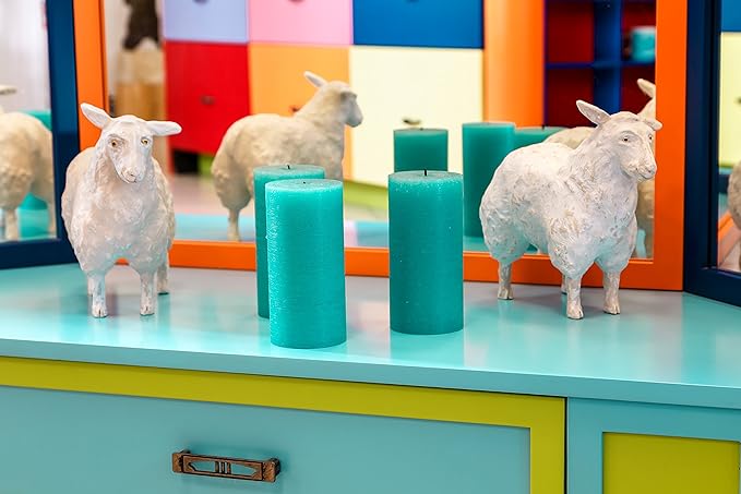 Set of 3 Pillar Candles 3" x 6" Unscented Handpoured Weddings, Home Decoration, Restaurants, Spa, Church Smokeless Cotton Wick - Turquoise