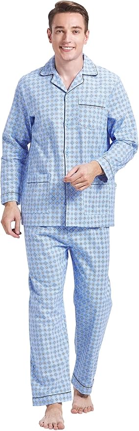 GLOBAL Men's Pajamas Sets 100% Cotton Flannel Sleepwear Long-Sleeve top & Bottom