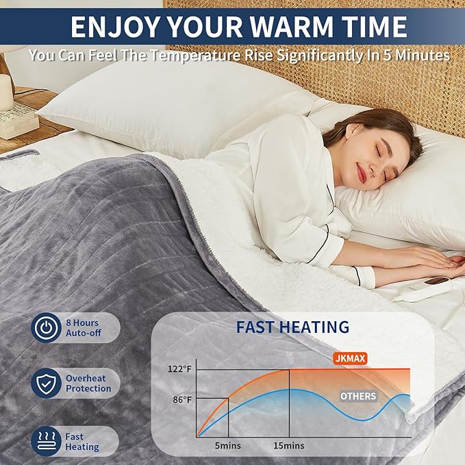 Heated Electric Blanket Queen Size - 84"x90" Flannel Heating Blanket with 10 Heating Levels & 5 Time Settings Over-Heat Protection, Winter Warmer for Adults with ETL Certification（Grey）