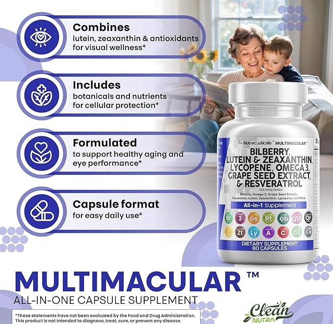 Clean Nutra Eye Vitamins with Bilberry Lutein and Zeaxanthin Supplements Lycopene 40mg Resveratrol Grape Seed Astaxanthin for Eyes - Eye Care Health Support Eye Vitamin and Mineral Supplement