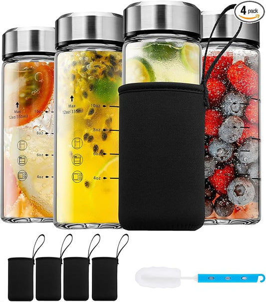 SIEROZUR Glass Juice Bottles 12 oz-4 Pack Leak Proof Wide Mouth Water Bottle with Stainless Steel Lid & Sleeve - for Juicing, Smoothies, Infused Water, Beverage Storage, Eco-Friendly Borosilicate