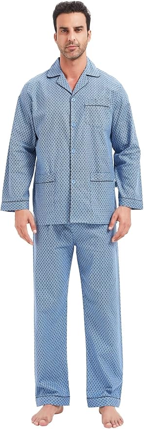 GLOBAL Men's Pajamas Sets 100% Cotton Flannel Sleepwear Long-Sleeve top & Bottom