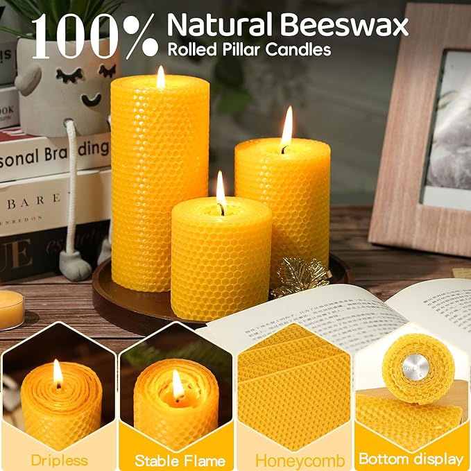3 Pack Natural Beeswax Pillar Candles,2.8x4in Handmade Beeswax Rolled Candles,96 Hours Long Burning Honeycomb Bees Wax Candle for Gift & Home Decor,Dripless Smokeless Unscented