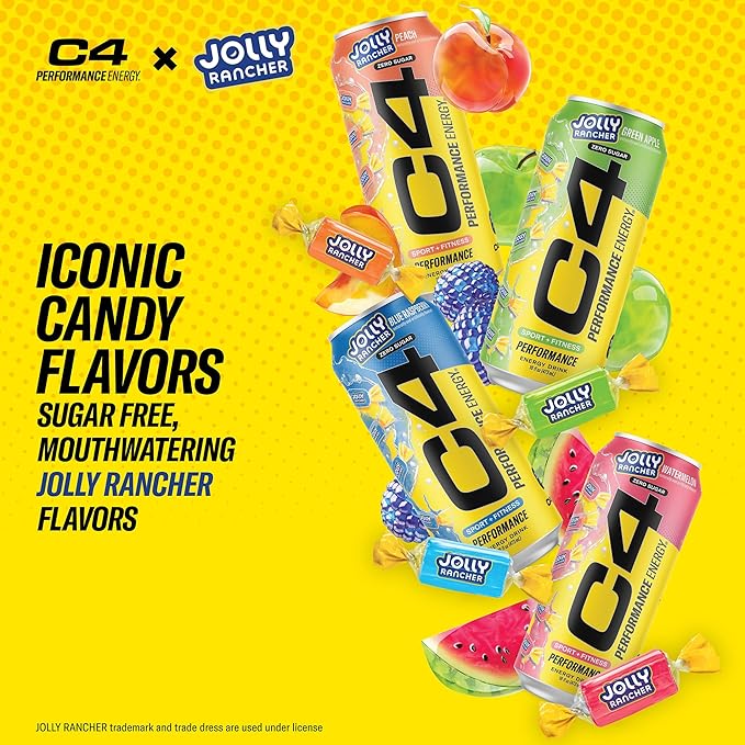 Cellucor C4 Performance Energy Drink | JOLLY RANCHER Peach | Zero Sugar Carbonated Preworkout Energy | 200mg Caffeine with Beta Alanine | 16 Fl Oz (24 Pack)