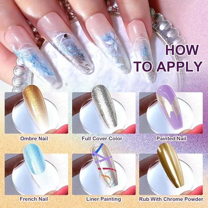 Gradient Painting Gel, 12 Gliter Colors Ombre Gel Nail Polish for Pigment Pat Silver&Gold Pink Blue Aurora color Bright Nails, French Manicure DIY Nail Art No-wipe Palette for Women