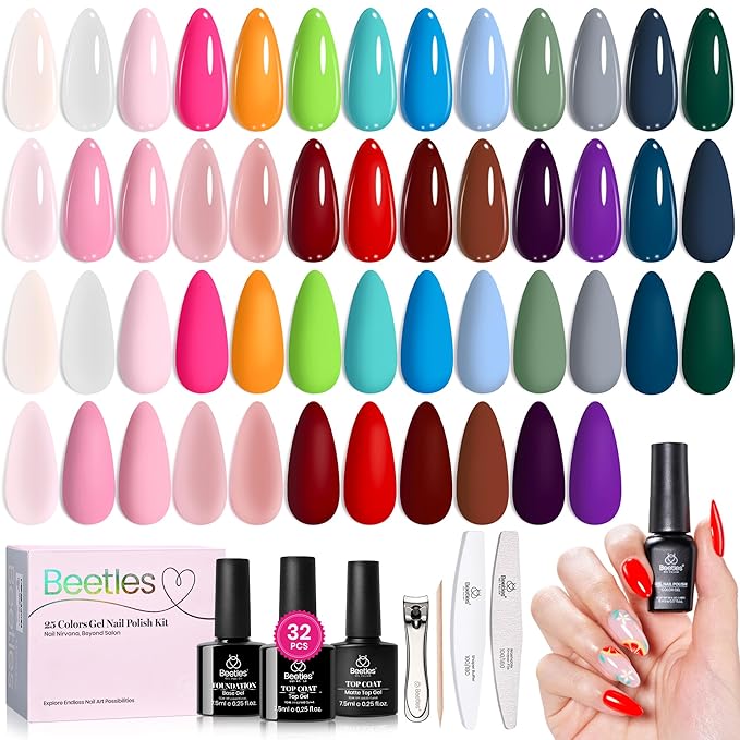 Beetles Gel Nail Polish Set 32pcs Winter Gel Polish 25 Colors with Base Top Coat Soak off UV Gel Burgundy Red Brown Green Blue Pink Gel Polish Kit DIY Nail Art Manicure Gift for Women Fourfold Grace