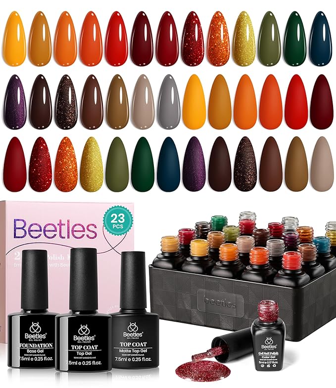 beetles Gel Polish Cozy Campfire Shade Collection - Fall Nail Fest Fall Gel Nail Polish Set, 20 Colors Autumn Orange Yellow Green Brown Red Shades UV LED Cured Soak Off DIY Manicure Gift for Girl