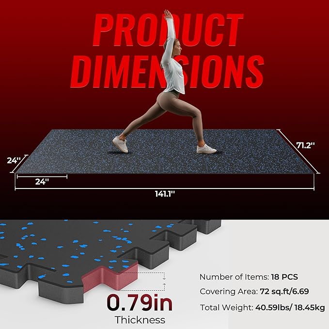 SUPERJARE 0.79'' Extra-Thick Exercise Equipment Mats, 18 Pcs 72 Sq Ft Rubber Top Floor Tiles with High Density EVA Foam, Interlocking Gym Flooring for Home Gym, Workout Mat, Black/Blue