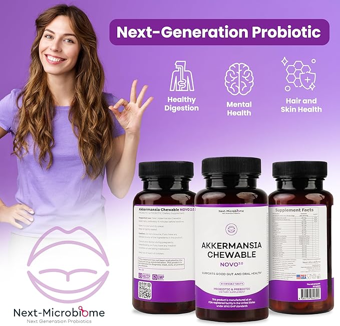 Chewable Akkermansia Probiotic and Prebiotic Supplement NOVO 2.0 with HMO, Supports Gut and Oral Microbiome, Supplements for Digestive Health and Skin Vitality, Targeted Delivery, 30 Tablets