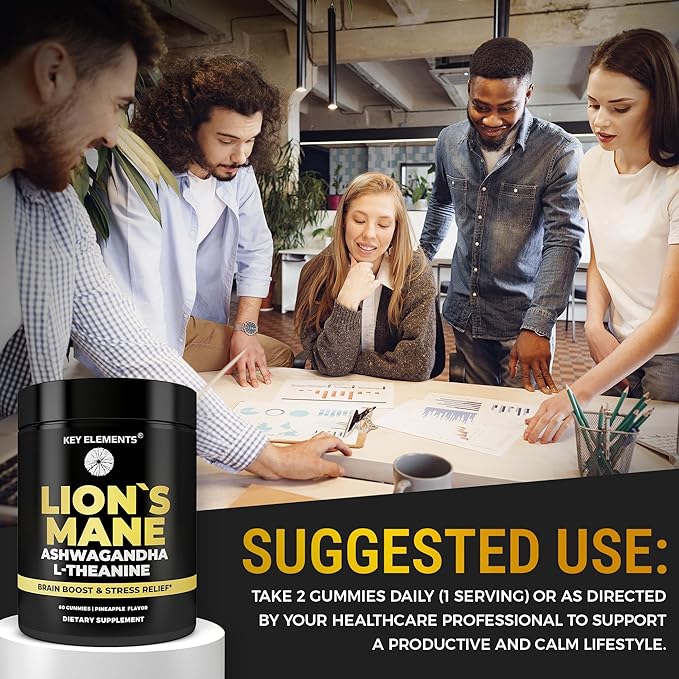 High Strength Extract Organic Lion's Mane Mushroom Gummies with Ashwagandha & L-Theanine - Potent Lion's Mane Brain Supplements for Memory & Relaxation - Mushroom Gummies for Focus