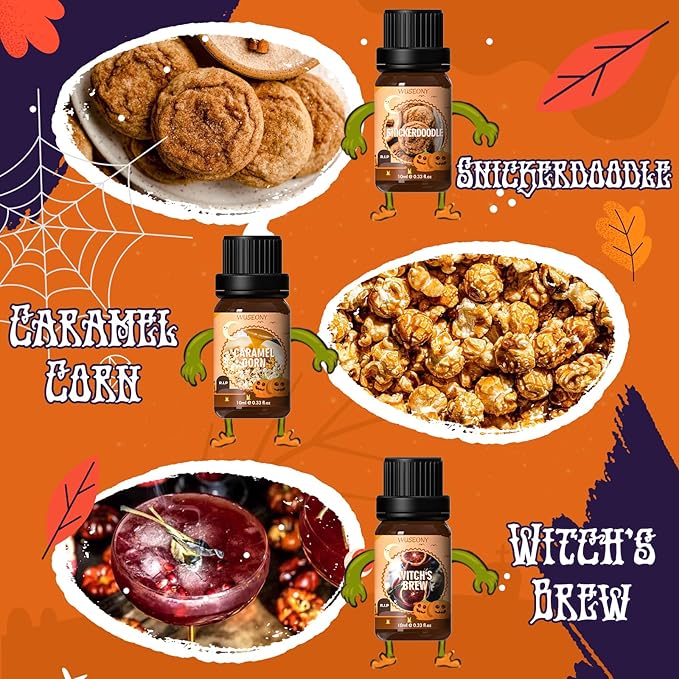 Halloween Fragrance Oils Set, Essential Oils for Diffusers Home, Scented Oils for Candle Soap Making - Pumpkin Pie, Caramel Apple, Chocolate Bars, Snickerdoodle, Caramel Corn, Witch's Brew