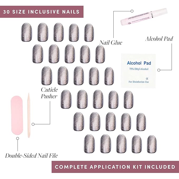 Glamnetic Press On Nails - Galactic | Short Round Gunmetal Pewter Glittered Nails with a Glaze Finish | 12 Sizes - 30 Nail Kit with Glue