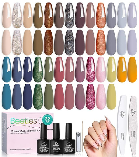 Beetles Winter Gel Nail Polish Set – Catwalk Tonal Hues 25 Colors UV Gel Polish Set, Brown Nude Blue Green Glitter with Base Glossy Matte Top Coat Soak Off UV LED Manicure Christmas Gift for Women