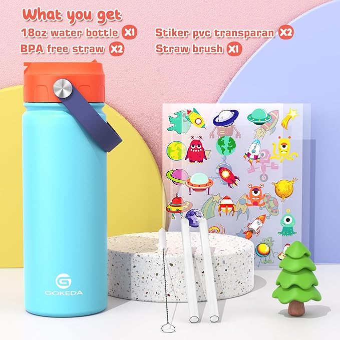 18oz Kids Water Bottle, Insulated Water Bottles with Stickers, 18/8 Stainless Steel Vacuum Leak Proof Straw Cup for School, Gifts for Boys Girls(Orange,Blue)