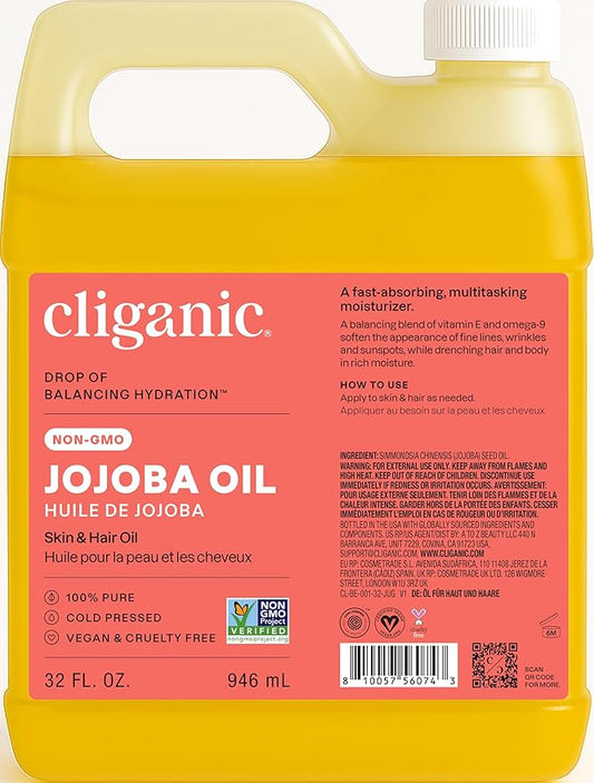 Cliganic Non-GMO Jojoba Oil Bulk 32oz, 100% Pure - Natural Cold Pressed Unrefined Hexane Free Oil for Hair & Face