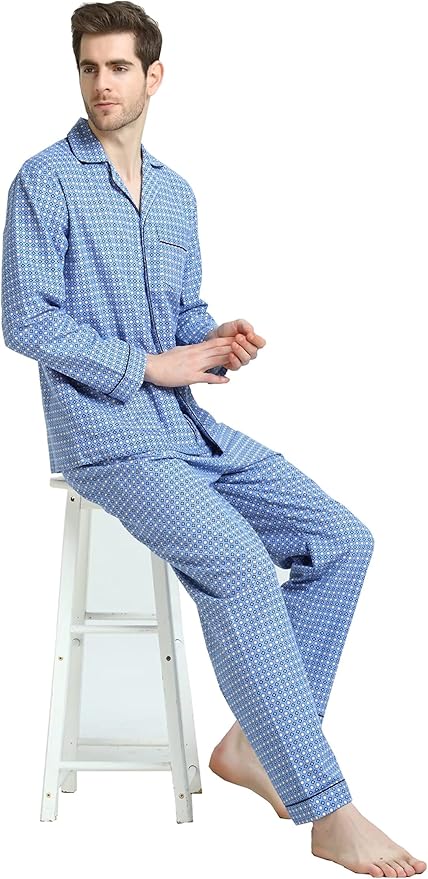 GLOBAL Men's Pajamas Sets 100% Cotton Flannel Sleepwear Long-Sleeve top & Bottom