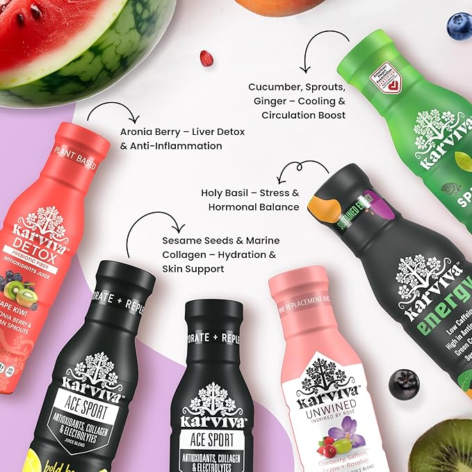 Karviva Juice Cleanse For Women's Health & Hormonal Balance | Ancient Remedies For Weight Control, Energy Boost, Skin Health | Detox, Energy, Collagen Boost, and Destress | TCM-Inspired Relief | Non-GMO, 6 BPA-Free Bottles