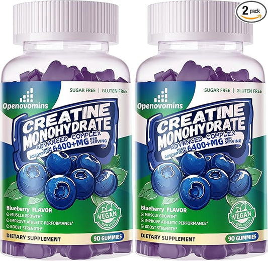 Creatine Monohydrate Gummies Complex for Men & Women -Advanced Formula W/L-Taurine + Vitamin B12, Sugar Free Chewable Supplement,180 Blueberry Gummies 2pack