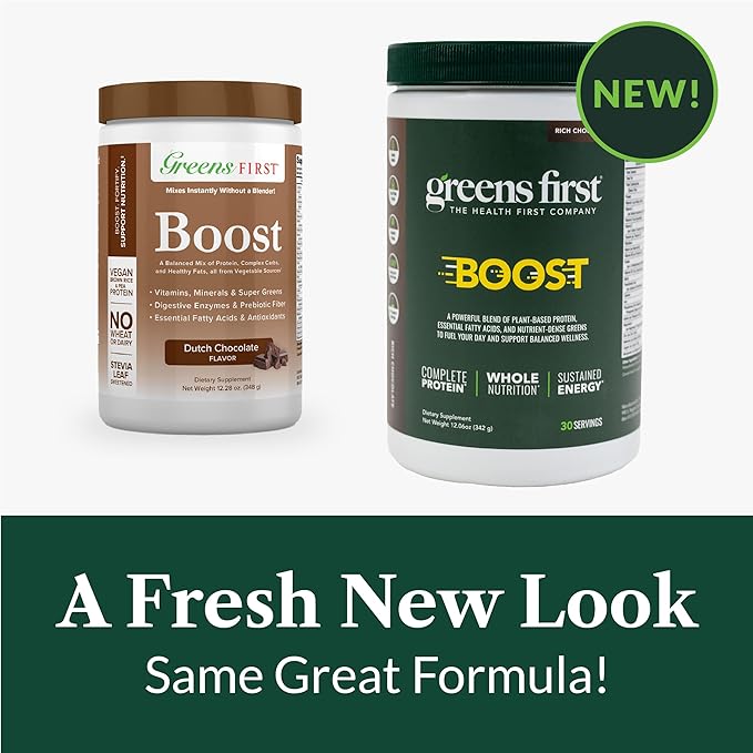 Greens First Boost - Plant-Based Protein & Balanced Nutrition - Superfood Shake Mix - No Wheat or Soy - Dairy-Free - Vegan - Dutch Chocolate, 12.28 oz.