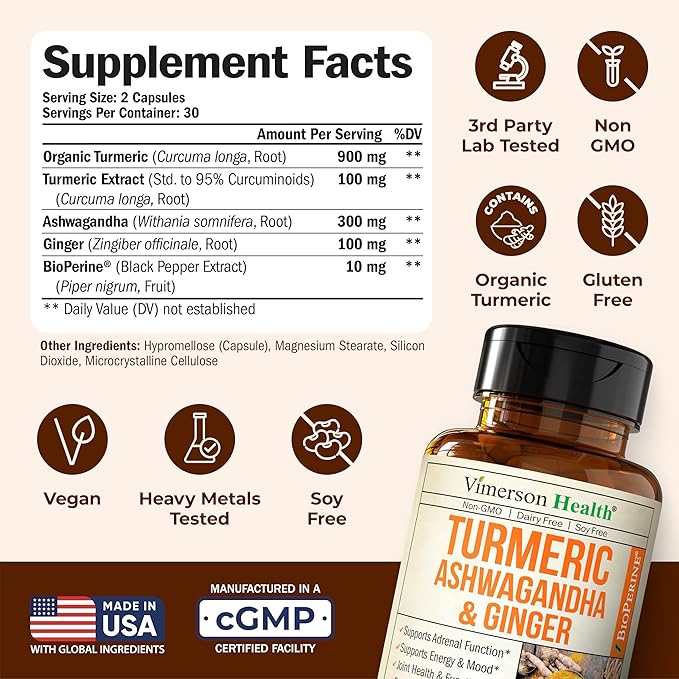 Ashwagandha Turmeric Curcumin Supplement with Ginger - Organic Turmeric Supplement, Curcumin with Black Pepper (95% Curcuminoids), Ginger Root for Joint Health, Energy & Immune Support. 2 Pack