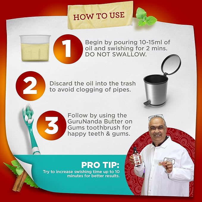 GuruNanda Cinnamon Oil Pulling Mouthwash, Promotes Calmness, with Neem & Ashwagandha for Fresh Breath & Happy Gums, Alcohol-Free, with Toothbrush & Tongue Scraper, 8 Oz