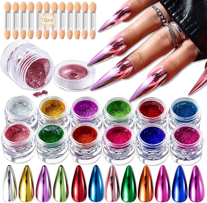 Chrome Nail Powder Kit 12 Colors Holographic Metallic Mirror Effect Chrome Pigment Glitter Dust for Nail Art Gel Polish Decoration Resin Craft Manicure Home DIY Salon Use