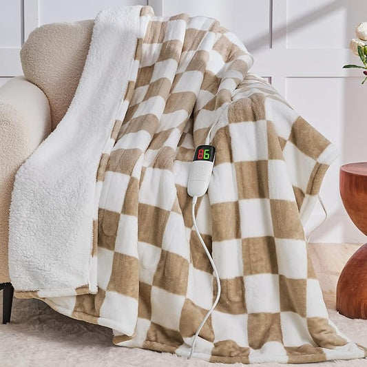 Light Brown Heated Blanket Electric Twin Size, 62X84 Heating Blanket with 10 Heat Level & 8 Hours Auto Off, Checkered Plaid Soft Fleece Sherpa Blankets Warmer Gifts for Couch Grandma Women Adults, ETL