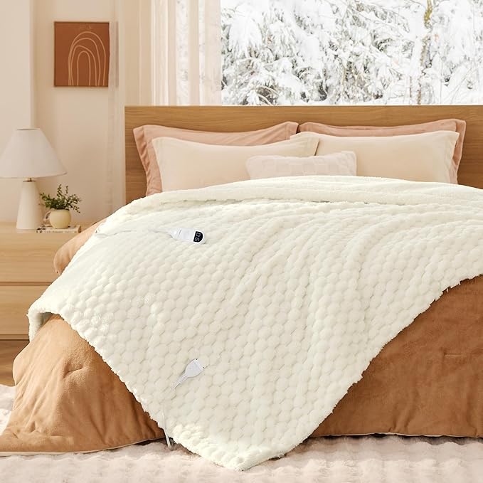 Bedsure Electric Blanket Twin Size - Super Soft Flannel Sherpa Heated Blanket with Bubble Pattern, Heating with 6 Heating Levels, 10 Time Settings, and 8-Hour Auto-Off (Coconut White, 62x84 inches)