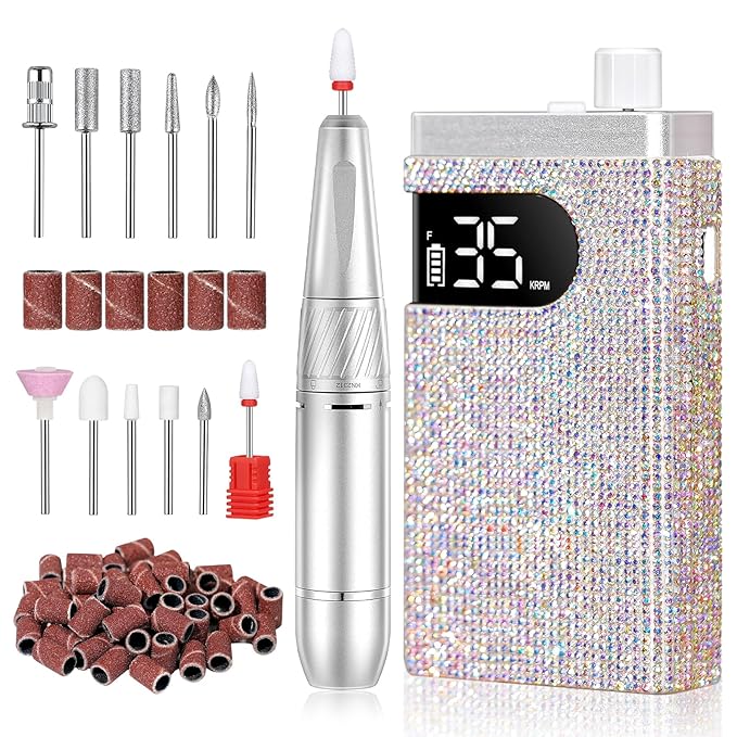 Rechargeable 35000RPM Nail Drill Sparkling Portable Professional Electric Nail File with 12 Drill Bit for Acrylic/Gel Nails Professional Nail Tools for Manicure Pedicure, Glitter
