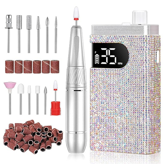 Rechargeable 35000RPM Nail Drill Sparkling Portable Professional Electric Nail File with 12 Drill Bit for Acrylic/Gel Nails Professional Nail Tools for Manicure Pedicure, Glitter