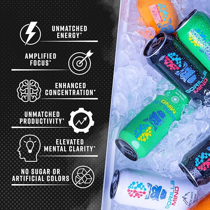 Gorilla Mind Energy Drink | Unmatched Energy · Amplified Focus | N-Acetyl-L-Tyrosine, Alpha-GPC, 200mg Caffeine, Uridine, Saffron | 0 Sugar Or Artificial Colors | 16oz, 12-Pack (Wild Grape)