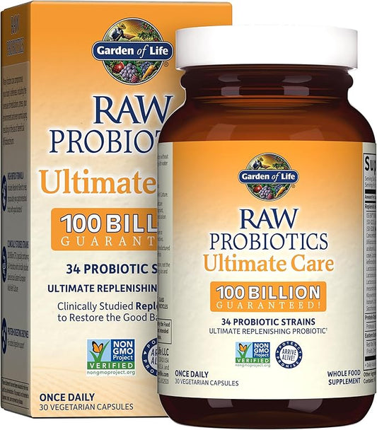 Garden of Life Probiotics for Women and Men Raw Probiotics Ultimate Care 100 Billion CFU Probiotic Supplement, Daily Probiotic for Adults with Digestive Enzymes, 30 Capsules