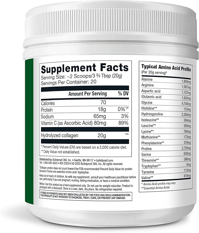 Bulletproof Unflavored Collagen Peptides Powder with MCT Oil, 14.3 Ounces, Grass-Fed Collagen Protein for Skin, Bone and Joint Support, Pasture Raised, No Added Hormones
