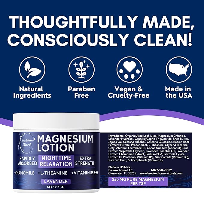 Brookethorne Naturals Nighttime Magnesium Lotion for Sleep | Lavender Magnesium Cream with L-Theanine & Chamomile | Topical Cream for Relaxation Adults & Kids | Non-Greasy, Vegan, Made in USA | 4oz