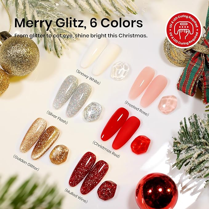 Beetles 27Pcs Christmas Gel Nail Kit Gifts for Women Teen Girls - 6 Colors Red Gold Cat Eye Glitter Merry Glitz Gel Nail Polish Kit with U V Light Jelly Winter Set Soak Off Salon DIY Manicure Set