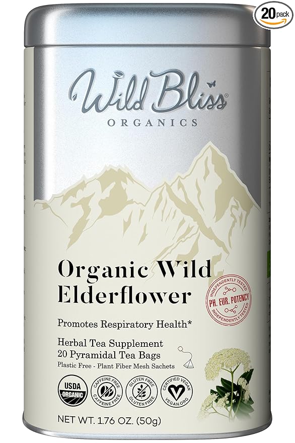 Wild Bliss Organic Elderflower Herbal Tea - Caffeine Free Elder Flowers Tisane - Pharmacopoeia Potency - 20 Plant Based Tea Bags