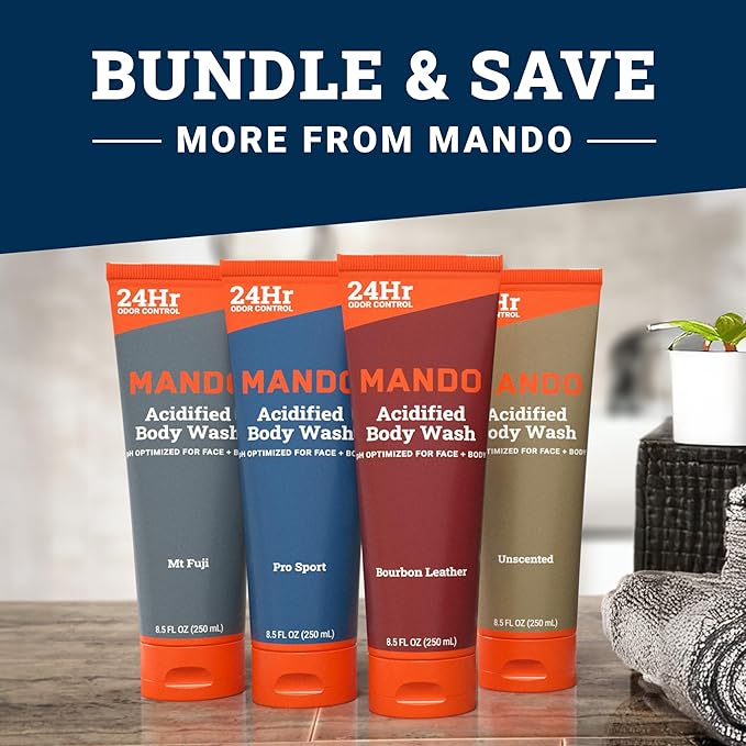 Mando Acidified Body Wash - 24 Hour Odor Control - Removes Odor Better than Soap - Formulated without SLS or Phthalates - Skin Safe - 8.5 Ounce (Pack of 2) - Bourbon Leather and Mt Fuji