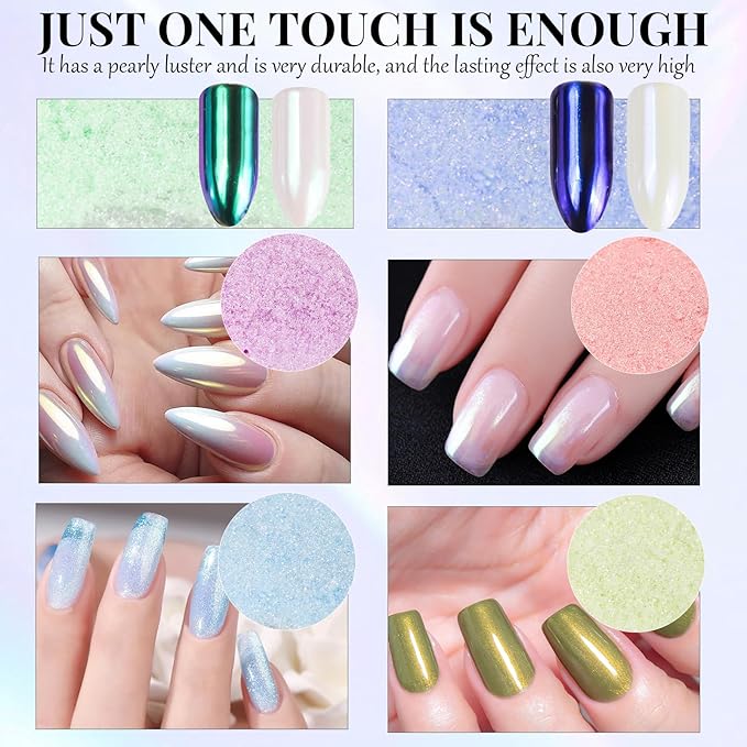 Chrome Nail Powder, 6 Colors Aurora Chrome Powder for Nails Pigment Iridescent Nail Powder Clear Nail Charms for Gel Polish Nail Art Decoration, Resin Craft, Nail Design, Nail Art Tools