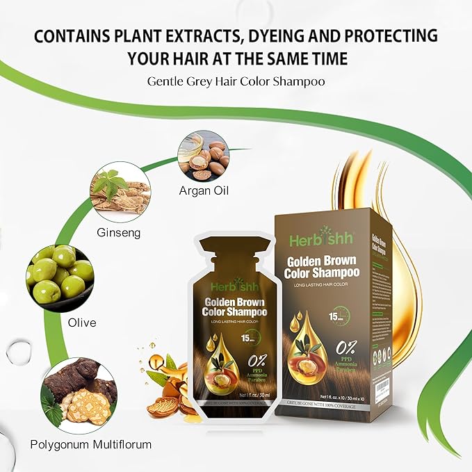 Herbishh Hair Color Shampoo, Ammonia Free Golden Brown, 10 Sachets with Argan Mask and Stain Remover, 3-in-1 Hair Dye for Gray Hair